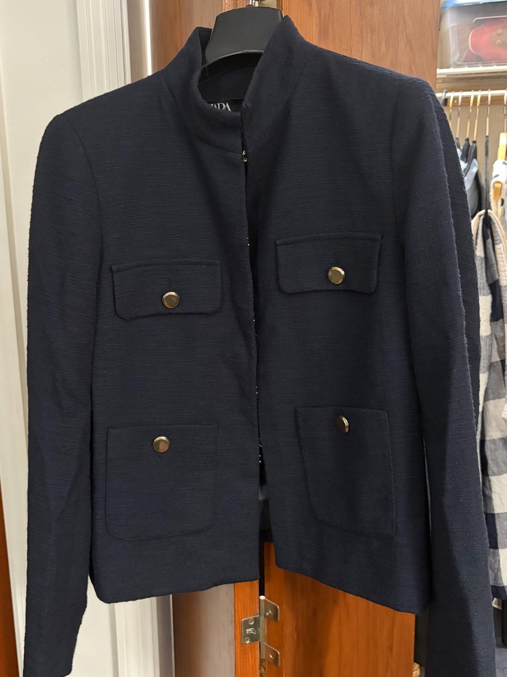 Zara Navy Textured Four-Pocket Blazer with Gold Buttons